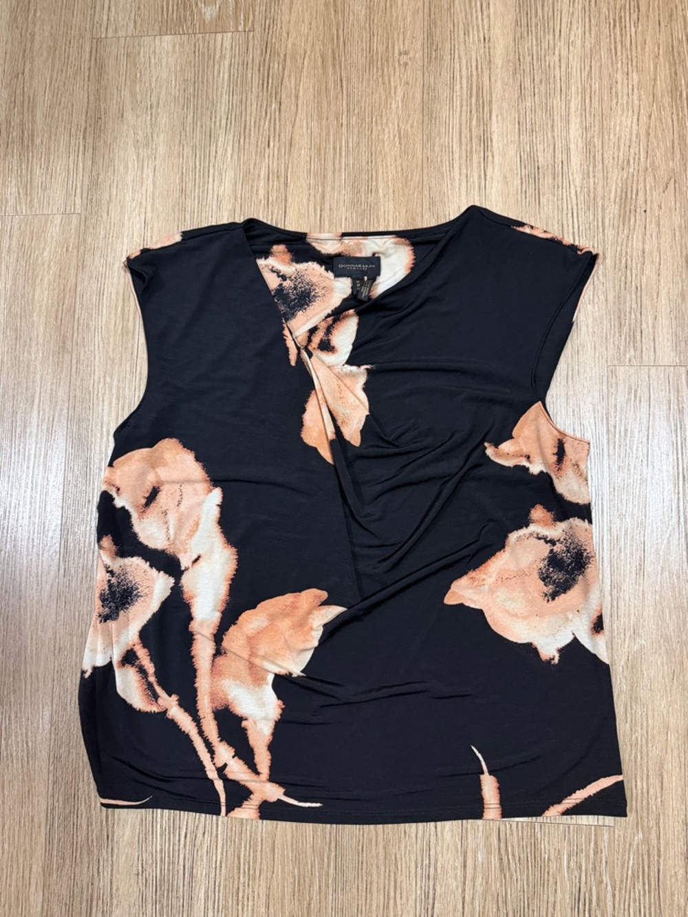 Donna Karan Black Sleeveless Tank with Peach Floral Motif size M